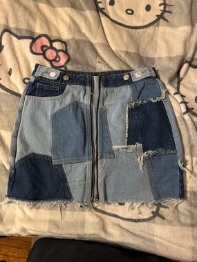 Fashion Nova Patchwork Denim Mini Skirt with Front Zip